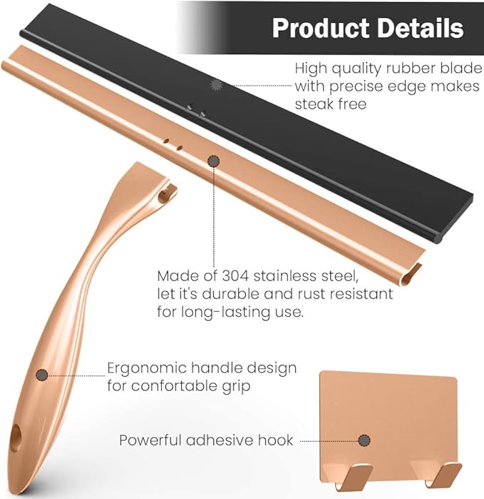 OPERNEE Shower Squeegee with Self Adhesive Hook 14 Inches Stainless Steel Squeegee Cleaner All-Purpose Window Scraper for Bathroom Doors Mirror Windows and Car Glass Rose Gold
