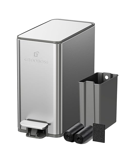 10L/2.6G Slim Bathroom Trash Can Narrow Stainless Steel Soft-Close Step Pedal Bin with Lid Odor Control Carbon Box Removable Inner Bucket Small Waste Bin for Bedroom Office RV (Silver)