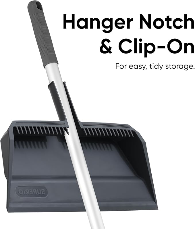 Superio 18 Horse Hair Upright Broom with Telescopic Handle &amp 16 Gray Dustpan with Comb Rubber Lip &amp Clip – Narrow Thin Dust Broom for Dog Hair – Hardwood &amp Tile Floor Cleaning Set – Gra