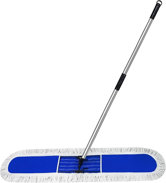 48 inch Commercial Dust Mop for Hardwood Floors Large Size Dry Mop Reusable Cotton Yarn Head Telescopic Stainless Steel Handle Industrial dust mops for Floor Cleaning Marble Blue