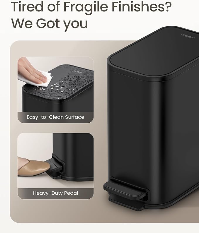Cesun Small Bathroom Trash Can with Lid Soft Close Step Pedal 5 Liter / 1.3 Gallon Stainless Steel Garbage Can with Removable Inner Bucket Waste Basket for Bathroom Bedroom (Matte Black)
