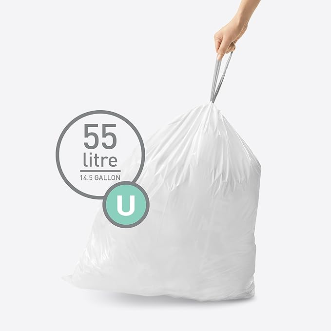 simplehuman Code U 200 Count Dispenser Pack Custom Fit Liners Drawstring Trash Bags 55 Liter / 14.5 Gallon White