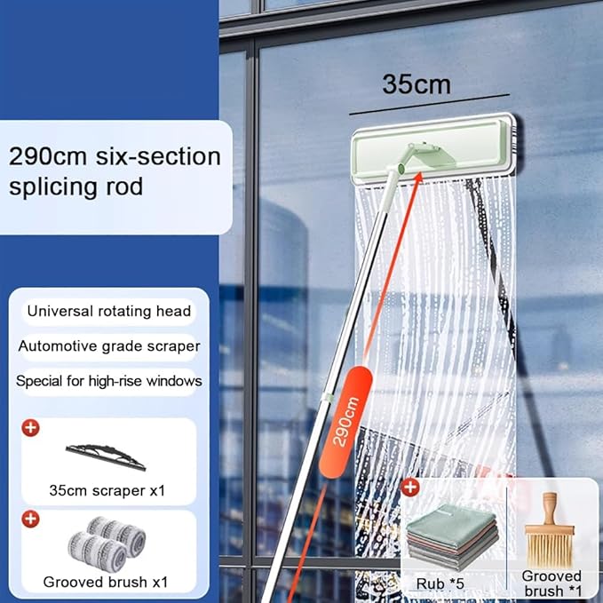 Multifunctional Window Cleaning Wiper with 290Cm Stainless Steel Extension Pole and Rubber Scraper Blade 180° Rotatable Window Cleaning Tool Kit Car Glass Washing EquipmentD
