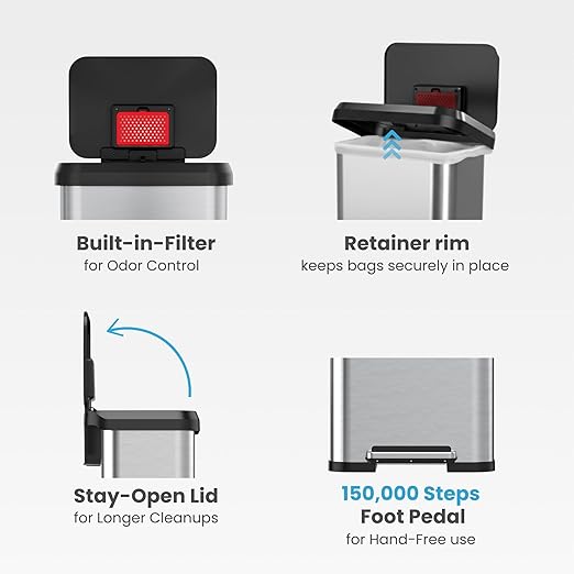 iTouchless SoftStep EXP 13.2 Gallon Step Pedal Trash Can Recycling Bin with Odor Filter Stainless Dent-Proof Plastic Lid Garbage Trashcan 50 Liter Bedroom Living Room Garage Home Office Wastebasket