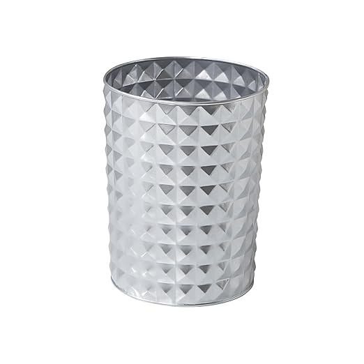 Small Round Metal Trash Can Wastebasket Decorative Diamond Pattern Garbage Can Waste Paper Bin Modern Farmhouse Round Trash Bin for Bathroom Bedroom Kitchen and Office (Silver)