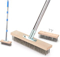 Stainless Steel Wire Scrub Brush with 63 Long Handle 2PCS 12 Brush Heads Heavy Duty Large Wire Brush Stiff Metal Bristle Floor Scrubber Patio Floor Cleaning Wire Broom for Concrete Deck Moss