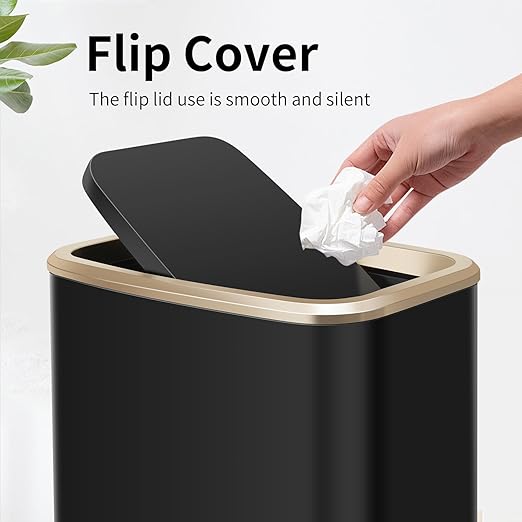 2 Gallon Small Office Bathroom Trash Can with Swing LidLiving Room Bedroom Garbage can Wastebasket binInner Bucket Metal Decor Trash Can (Black Gold)