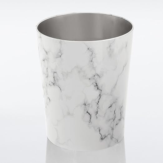 mDesign Round Metal Small 1.7 Gallon Recycle Trash Can Wastebasket Garbage Container Bin for Bathrooms Kitchen Bedroom Home Office - Durable Stainless Steel - Mirri Collection - White Marble