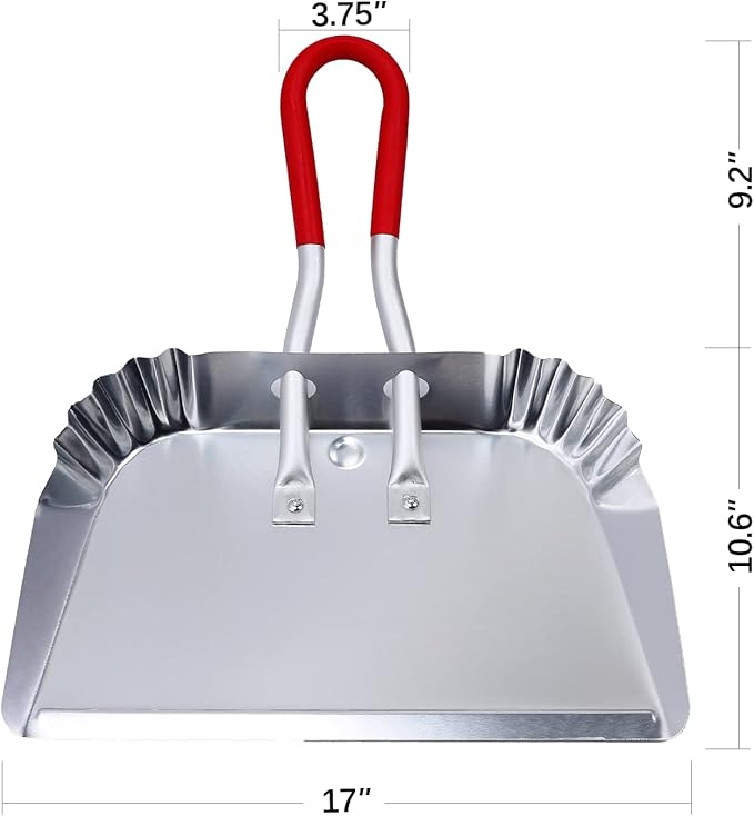 TOP DOG Metal Dustpan 17” Aluminum Dust Pans Heavy Duty Does not Chip or Bend Sheet Metal Edge Flat Against Floor for Small Item Sweeping Rubber Coated Easy to Grasp Handle (2pcs)