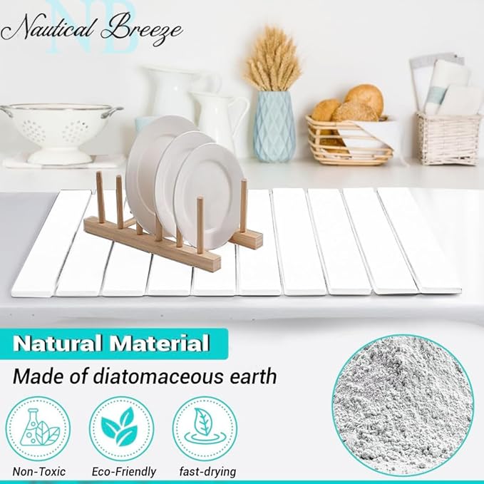 Roll-Up Stone Mat - Premium Diatomaceous Earth Dish Drying Rack Water Absorbent Roll-Out Dish Drying Mat for Kitchen Countertops Eco-Friendly Quick-Dry Surface White