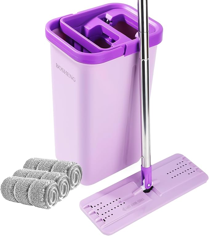 Mop and Bucket with Wringer Set Hands Free Flat Floor Mop and Bucket 3 Washable Microfiber Pads Included Wet and Dry Use Home Floor Cleaning System for All Floor Types and Windows Purple