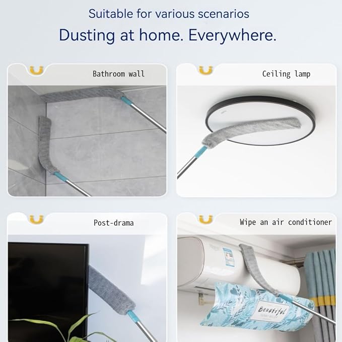 Retractable Gap Duster with 60 Extension Pole Flexible Microfiber Brush for Under Appliances Furniture &amp Tight Spaces Washable Flat Duster for Fridge Stove Couch Crevices (4 Replacement Fabric