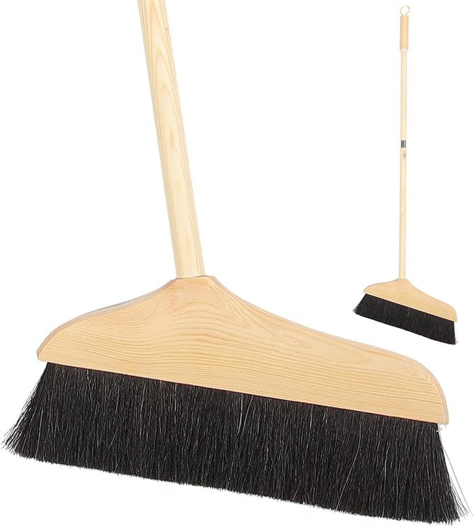 Mikikit Horsehair Broom with Long Handle Soft Pine Bristles Anti-Static Home Broom for Hardwood Floors Carpets Indoor Cleaning