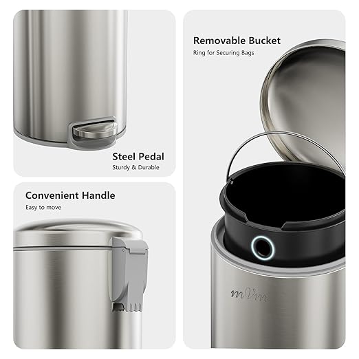 mVm Trash Can Set 8 Gallon(30L)+1.3 Gallon(5L) Kitchen Bathroom Trash Cans Combo Step Round Brushed Stainless Steel Garbage Can with Lid Anti-FingerprintSoft-Closefor Home Office(Silver)