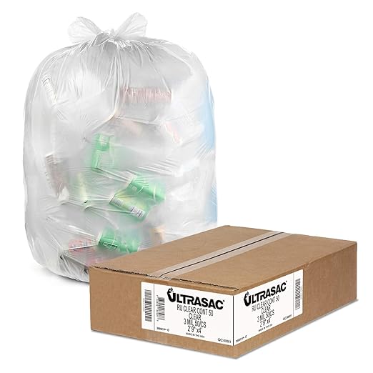 Ultrasac 42 Gallon 3 MIL Thick Heavy Duty Clear Trash Bags - 33 x 48 - Pack of 50 - For Industrial Construction &amp Commercial