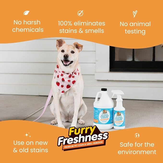 FurryFreshness Extra Strength Cat or Dog Pee Stain &amp Permanent Odor Remover + Smell Eliminator -Removes Stains from Pets &amp Kids Including Urine or Blood- Lifts Old Carpet Stains- 32oz Spray