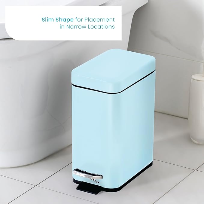 Home Zone Living 1.3 Gallon Small Bathroom Trash Can with Lid and Step Pedal Stainless Steel Wastebasket with Slim Design for Home and Office Matte Powder Blue 5 Liters