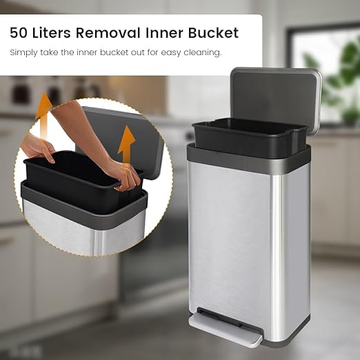 13 Gallon Stainless Steel Trash Can with Removable Inner Bucket Soft Close &amp Stay Open Lid Step-on Pedal – Modern Kitchen Garbage Can for Home Office or Commercial Use