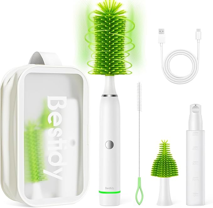 Bestidy Electric Baby Bottle Cleaner Kit for Travel- Rechargeable 360° Rotation Electric Baby Bottle Brush with Replaceable Nipple/Straw Brush 2-Speed Modes 50ml Lotion Bottle &amp Storage Bag