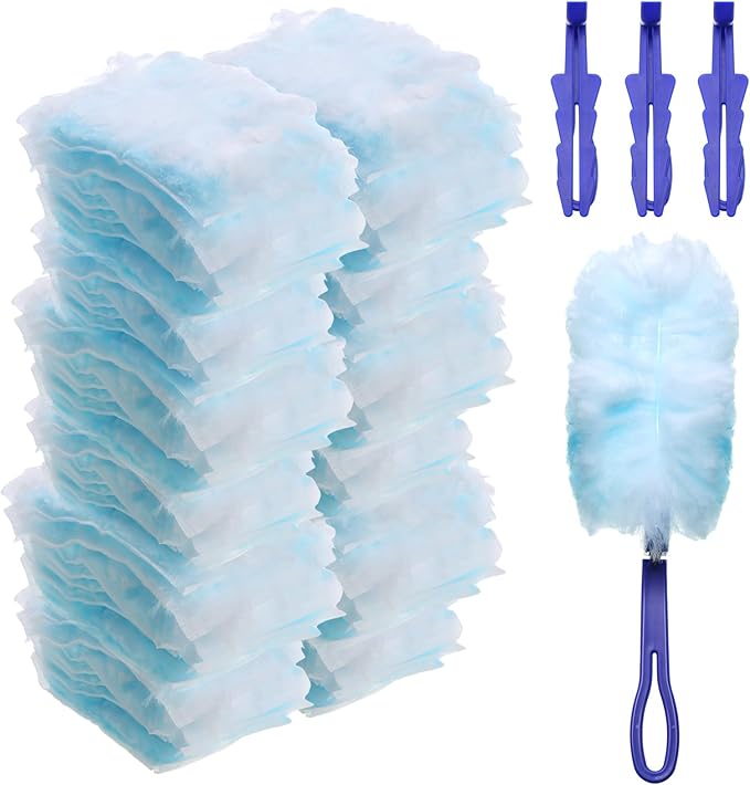 Yaomiao 120 Pcs Duster Refills for Cleaning Includes 100 Disposable Duster Refills Bulk with 20 Replacement Handle for Cleaning Office Home Blinds Ceiling Fans Furniture(Blue)
