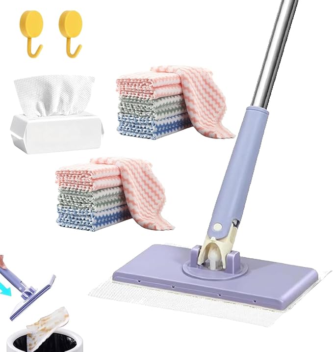 Clever Snap-Grip Mini Mop Zero Touch No Wash Lazy Mops Wet and Dry Convenient Automatic Cloth Changing Mini Mop Disposable Dust Mop with 10 Reusable Cloths 40inch Locking Handle (Purple 36in)