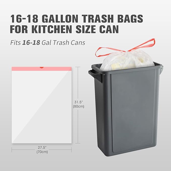 16-18 Gallon Trash Bags with Drawstring Clear Large Strong Trash Can Liners Heavy Duty Plastic Garbage Bags for Home Kitchen Office Lawn Commercial (105)