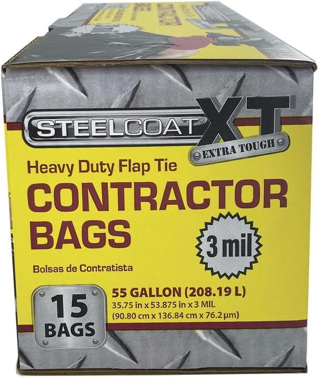 Steelcoat XL 55-Gallon Contractor Trash Bags – Extra Tough 3 Mil Heavy Duty Flap Tie – 15 Count Black – Made in USA
