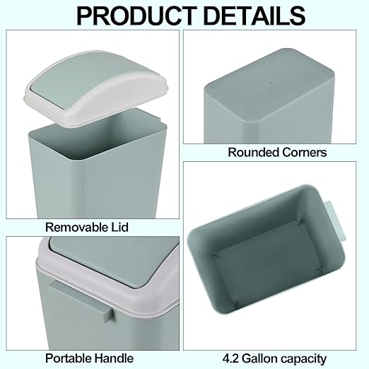 4.2 Gallon Compact Plastic Bathroom Trash Can Swing Kitchen Garbage Bin (Green)