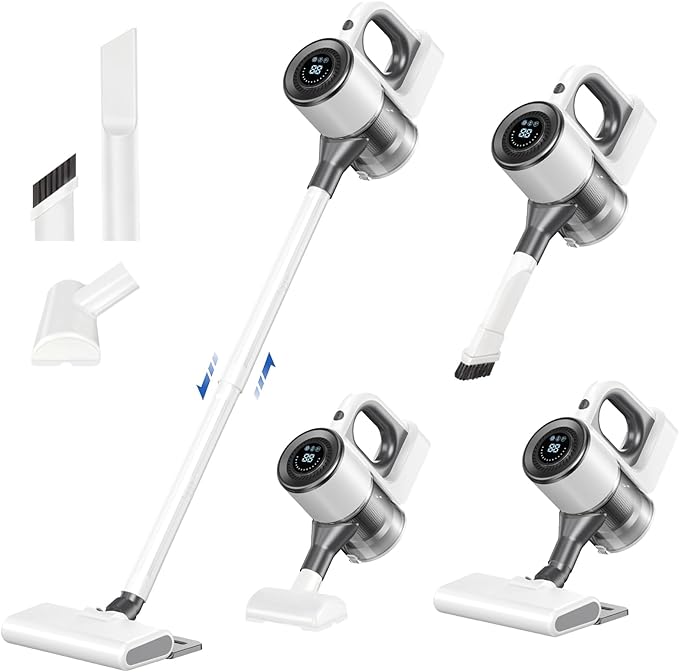 Cordless Vacuum Cleaner for Home Powerful Stick Vacuum Cleaner with LED Screen and 3-Speed Suction Rechargeable Vacuum Cordless Lightweight Handheld Vacuum for Hard Floors Carpets Pet Hair White