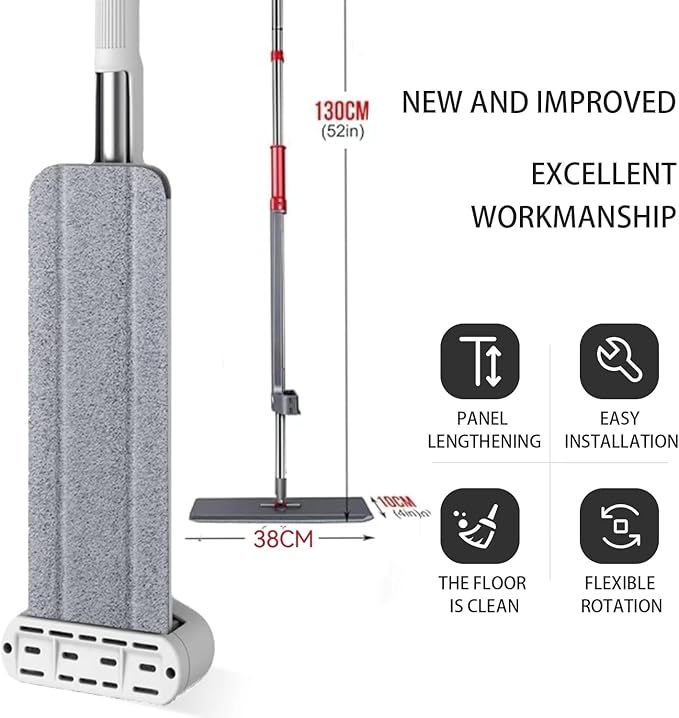 Hands-Free Self Wringing Cleaning Flat Mop - Microfiber with 6 x Washable PadsFloor Scrub BrushFloor Squeegee (1 Mop+6 Microfiber Pads +1 Brush+1 Glass Wiper)