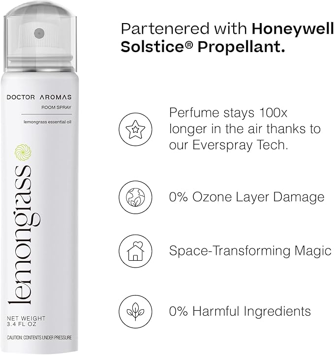 Doctor Aromas Premium Air &amp Room Spray – 100% Natural Lemongrass Long-Lasting Fragrance for Home Bedroom or Bathroom – Powered by Everspray Tech (Pack of 2 Lemongrass)
