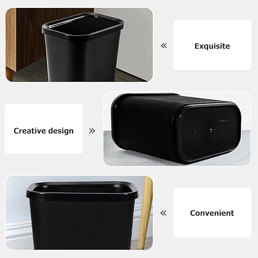 Thickened Plastic Trash Can Wastebasket Narrow Rectangular Open Garbage Bin with Press Ring Black Home Rubbish Can for Bathroom Bedroom Office Hotel Use