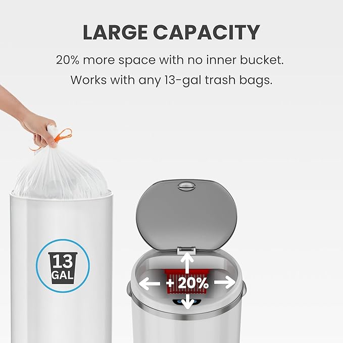 iTouchless 13 Gallon Touchless Sensor Trash Can with Odor Filter System Round White Steel Garbage Bin for Home Kitchen Pale White 13 Gal
