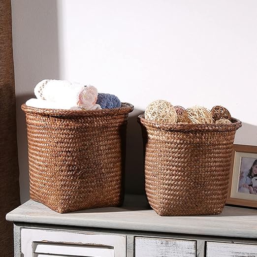 Cabilock 1pc Straw Woven Wastebasket Storage Bin for Home Office Trash Can for Paper Design Versatile