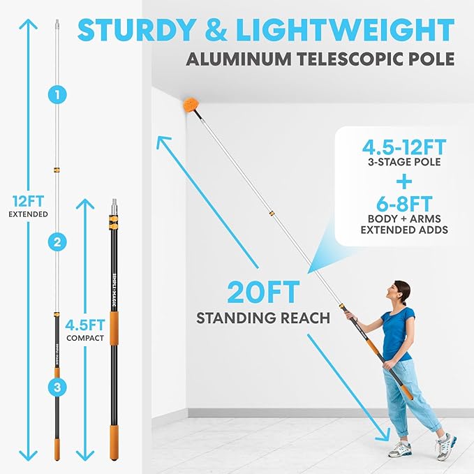Simpli-Magic 20 Foot High Ceiling Duster Kits with 5-12ft Heavy Duty Extension Pole High Reach Duster for CleaningMicrofiber Feather DusterCobweb DusterCeiling Fan DusterWindow Squeegee &amp Cle