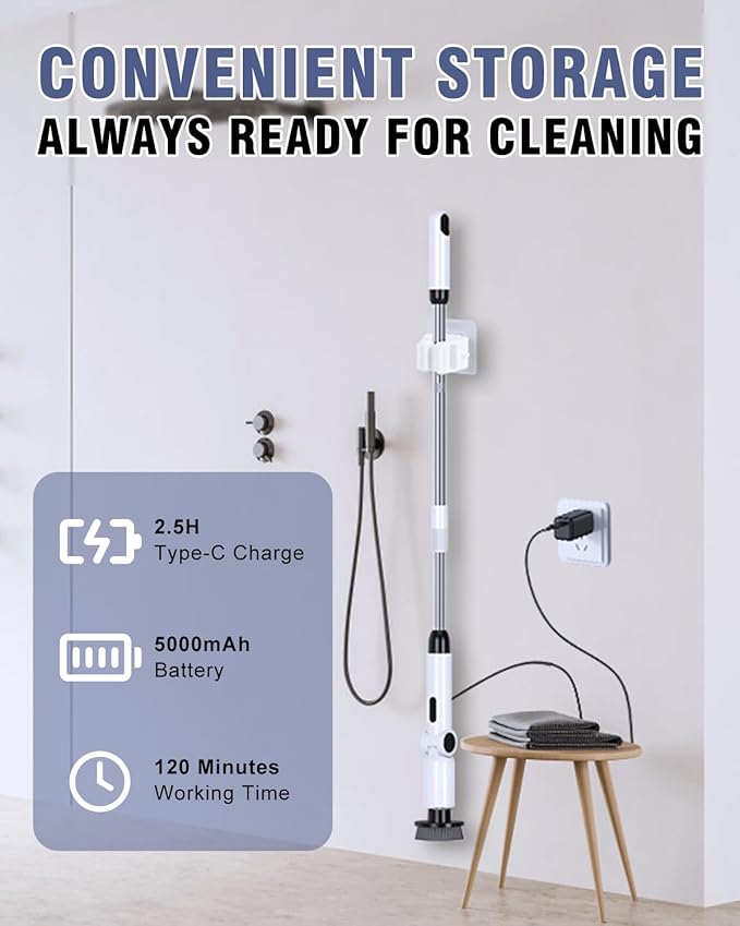 Electric Spin Scrubber [IPX8 Waterproof ] [50KG Torque] Shower Scrubber with 9 Brush Heads 2 Speed Mode 4 Adjustable Angles Electric Brush for Cleaning for Bathroom Floor Tile