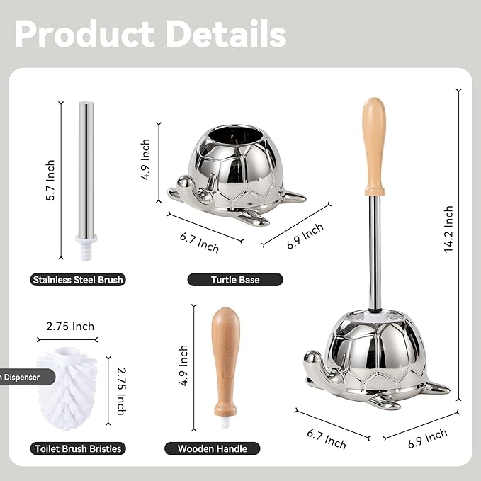 Toilet Brush and Holder Set Ceramic Turtle Base Toilet Brush Set - 7.5” Bowl Cleaner Toilet Scrubber Brush with Ergonomic Handle (Silver)