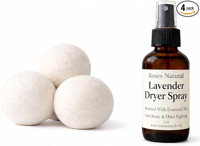 Wool Dryer Balls &amp Dryer Spray Bundle – 3 Reusable Dryer Balls + Plant-Based Essential Oil Dryer Spray Natural Fabric Freshener Anti-Static &amp Odor Fighting (Lavender)
