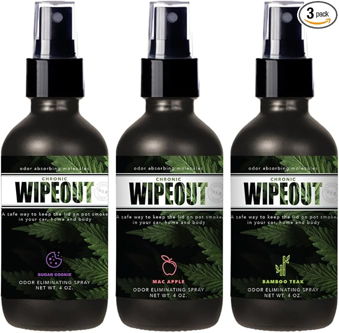 Chronic Wipeout Smoke Smell Eliminator for Home Cars Clothes &amp More | Smoke Odor Eliminating Spray for All Kinds of Strong Smoke Gifts for Smokers - Apple Bamboo Teak &amp Sugar Cookie 3 Pac