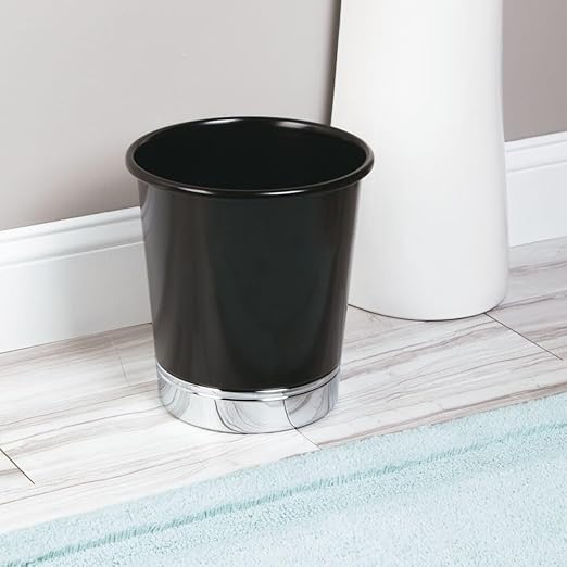 iDesign Small Round Bathroom Trash Can - Black/Chrome