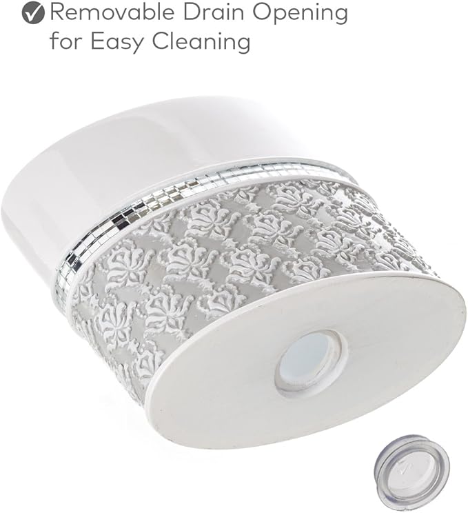 Creative Scents Mirror Damask Bathroom Accessory Set Complete - Decorative 4 Piece White and Gray Bathroom Set Includes: Soap Dispenser Soap Dish Toothbrush Holder and Tumbler