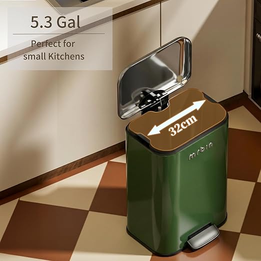 MRBIN Bathroom Trash Can with Lid Metal Step Kitchen Waste Basket Touchless Soft Close 20L / 5.2gal Rectangle Garbage Bucket with Stainless Steel Pedal for Office Bedroom Accessories Green