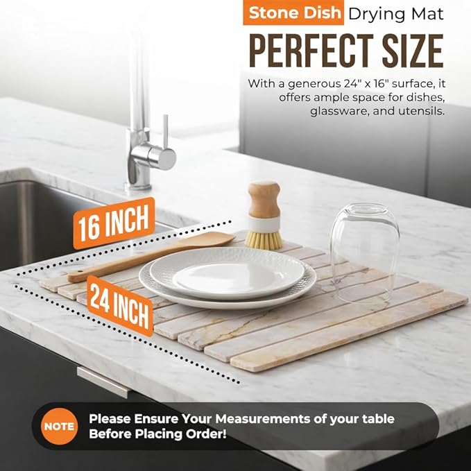 Large Stone Dish Drying Mat for Kitchen Counter 24(L)×16(W) – in Super Absorbent Diatomaceous Earth Drying Stone Quick-Dry &amp Collapsible for Dishes Bottles &amp Cups (White &amp Gold)