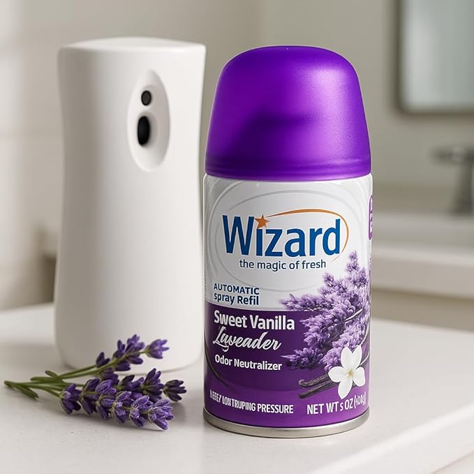 Wizard Automatic Spray Refill – Sweet Vanilla Lavender 5 oz (12 Pack) | Compatible with Air Wick Freshmatic &amp Glade Dispensers | Long Lasting Odor Neutralizer for Home &amp Office