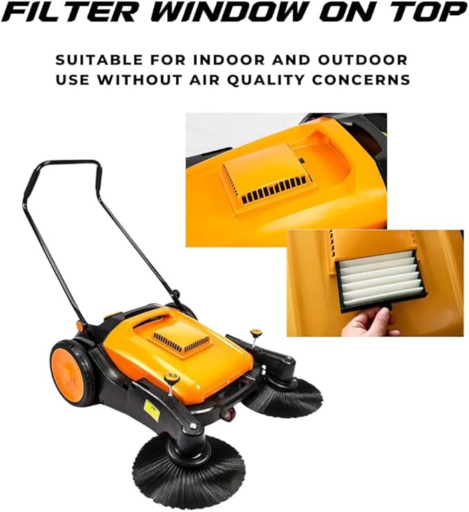 RT980S 38 Outdoor and Indoor Manual Push Floor Sweeper with Triple Brushes 12-gal Waste Container 38000 Square Feet per Hour Walk-Behind Industrial and Commercial Floor Sweeper