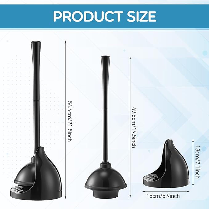 8 Pack Toilet Plunger with Holder 21.5-Inch Commercial Grade Heavy-Duty Plunger Set with Storage Base Professional Bathroom Maintenance Tool Black