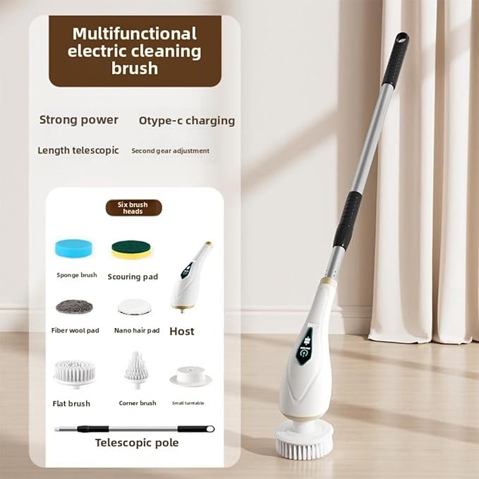 Cordless Electric Spin Scrubber with 2/6/8 Heads for Elderly 59 Extendable Handle 2 Speeds 480RPM 4000mAh Battery IPX7 Waterproof for Bathroom Shower Tile Floor Kitchen (6 Heads)
