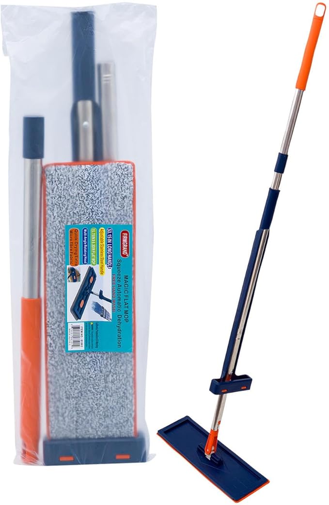 Firmgrand Magic Flat Mop 47.25 in Stainless Steel Handle Orange and Navy Blue