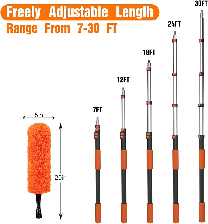 36FT Reach Ceiling Fan Cleaner Duster Fan Blade Cleaner Kit with 7-30FT Extension Pole Microfiber Duster &amp Replaceable Cleaning Cloth for Blades Ceiling Furniture