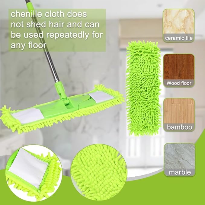 [Godiyyer] Dust Mop for Floor Cleaning 360° Swivel Chenille Mop with 2 Washable Pads Adjustable 31-58 Handle Dry and Wet Available Suitable for Hardwood Laminate Tile Marble